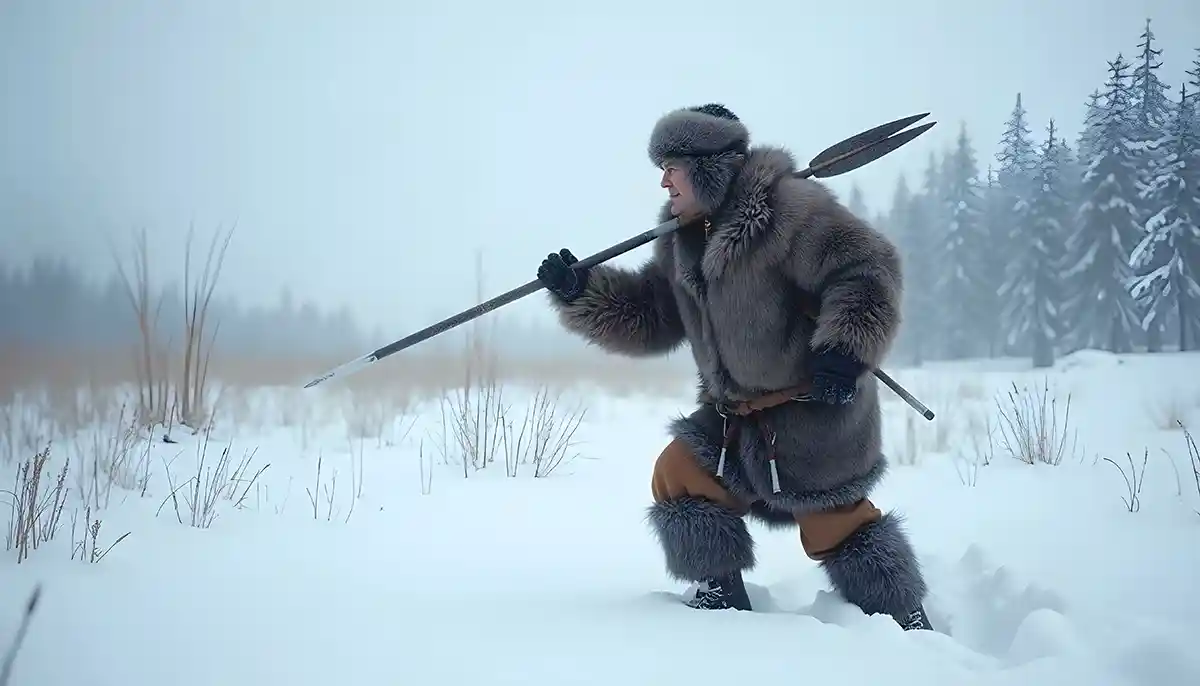 Indigenous man hunting in the snow with traditional tools