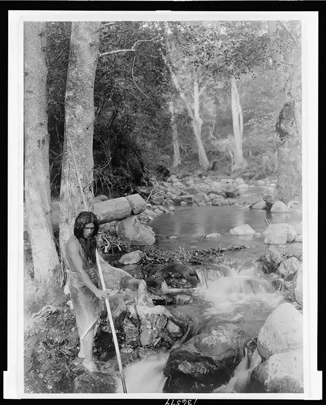 Photograph shows man holding a spear while standing on rocks by a running stream, c1923, Curtis, Edward S., 1868-1952
